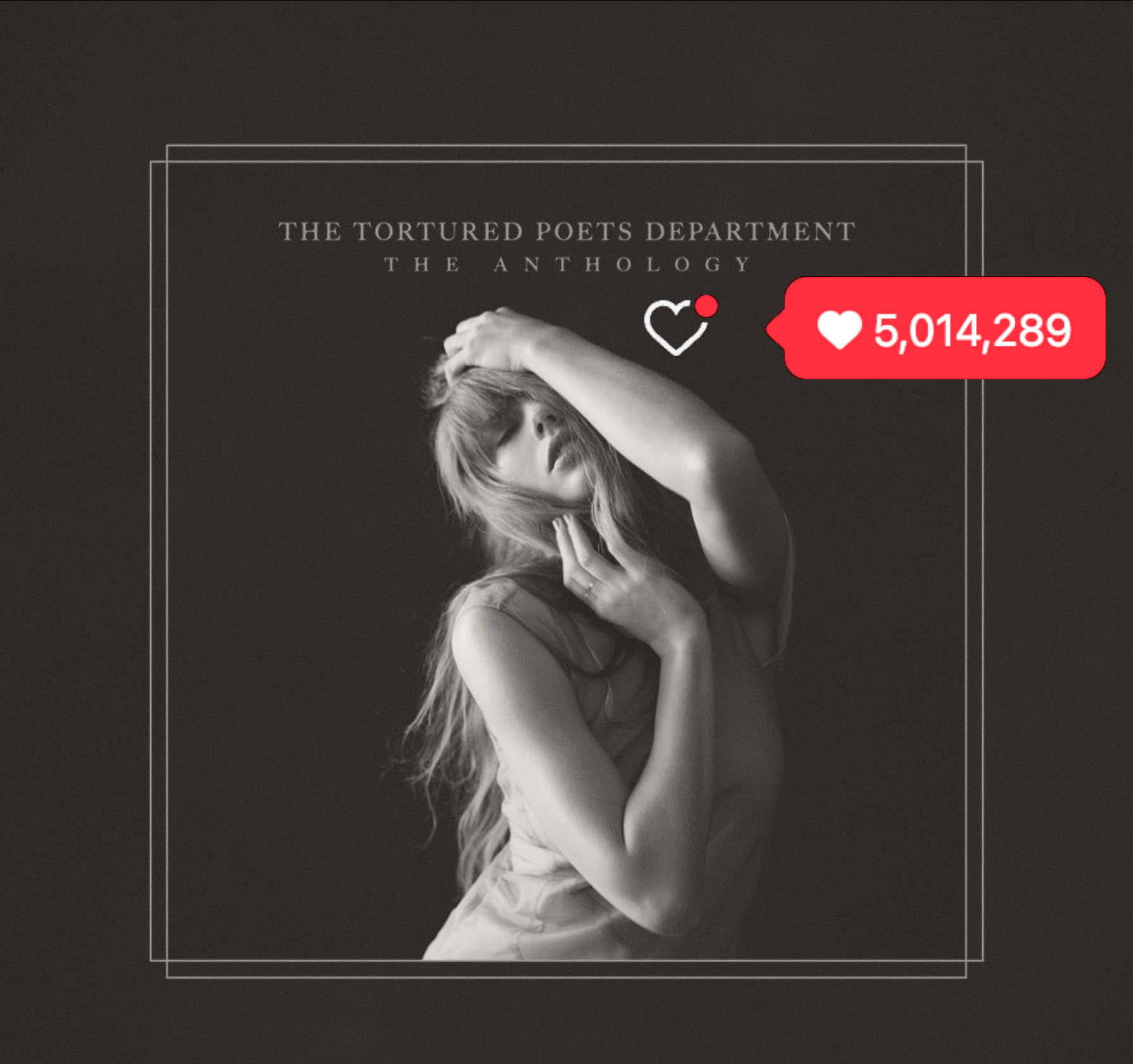 Image of Taylor Swift's album &quot;The Tortured Poets Department&quot; with a &quot;like&quot; heart showing over 5 million likes.