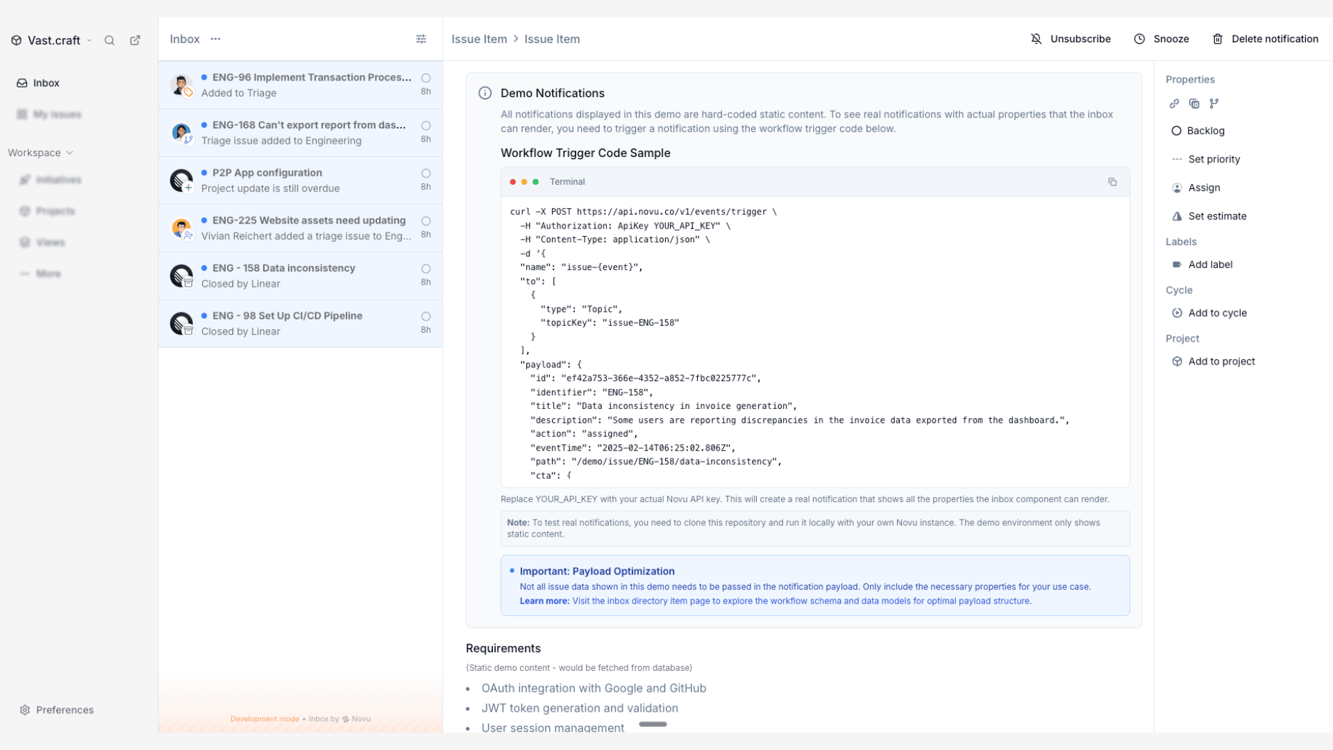 Project Management application inbox overview