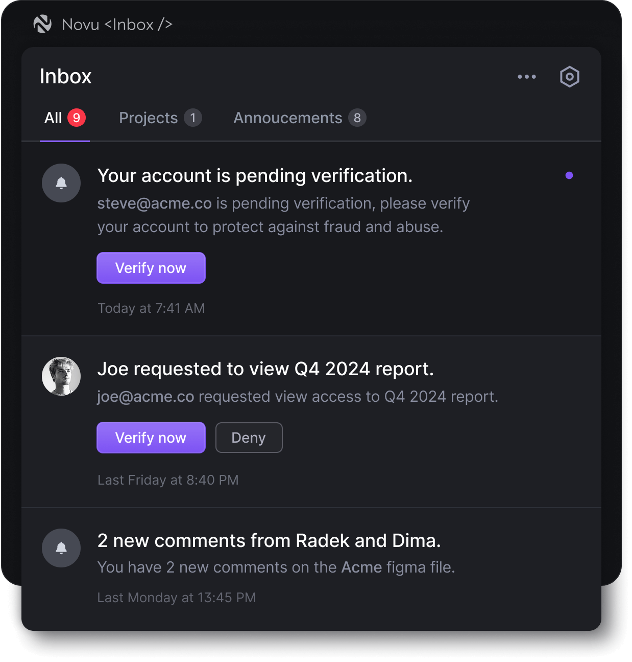 Novu Inbox component preview