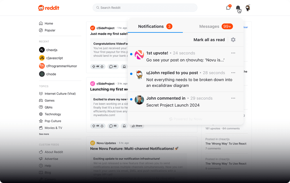 Reddit Inbox example using the styled Novu Inbox